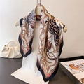 Elegant faux silk square scarf with blue borders and leopard tropical floral print - 66-70cm / Black (FG308-4)