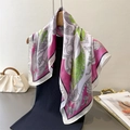 Artistic printed silk scarf with elegant European patterns displayed on a wooden hanger - Pink (FG270-4)