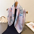 Silk-feel square scarf with equestrian horse print and pastel pink blue color blocking - 66-70cm / FG276-4 Light Pink