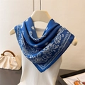 Elegant royal blue silk square scarf with vintage floral patterns on a white hanger - One Size / Navy Blue