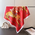 Detail of red silk scarf with equestrian horse print hanging next to a white bag - Red (FG296-3)