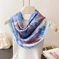 Silk-like square scarf featuring abstract blue and purple oil painting print in chic style - Blue Purple Abstract Print (FG333-2)
