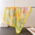 Detailed macro view of colorful floral pattern and yellow border on luxury silk scarf - Lemon Yellow Oil Painting Print (FG333-3)