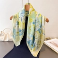 Elegant silk-like square scarf with yellow and green abstract art prints on wood hanger - 70x70cm / Green