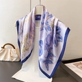 Elegant purple silk scarf with blue floral leaf print and dark blue rolled edges - FG298-2 Navy Blue / Navy Blue
