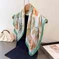 Elegant silk-like scarf with green and orange tulip patterns on a hanger with a stylish bag - FG298-4 Green / Green