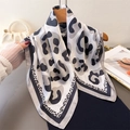 Elegant leopard print silk scarf for women featuring a black border and polka dot details - Dark Grey
