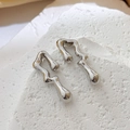 Minimalist silver irregular wave liquid metal earrings with a high-polished mirror finish - Silver (G311)