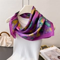Artistic abstract oil painting print scarf tied on a white top for styling display - Purple