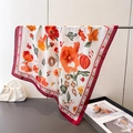 Close-up of floral silk scarf with orange cat print and elegant burgundy borders - 70cm / Burgundy Border Floral Cat (FG316-3)