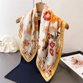 Elegant floral faux silk square scarf with vintage botanical prints and yellow borders - 70cm / Ginger Border Retro Floral (FG316-4)