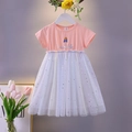 Abito patchwork rosa e bianco in cotone per bambina con gonna in tulle e stampa stelle - 90cm / Rosa