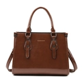 Sac à main en cuir verni marron foncé avec poignées et bandoulière réglable - Sac Unique / café