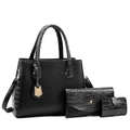Black 3-piece set featuring crocodile pattern tote bag, clutch and card holder - 3-Piece Set / Black