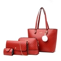 Red 4-piece set of quilted leather handbags including tote, clutch and crossbody bags - Quilted Combination (MDZ-3101) / Burgundy