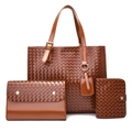 Caramel glossy woven leather tote bag 3-piece set with matching clutch and wallet - Brown
