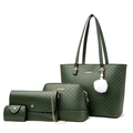 Dark green four-piece handbag set with tote, pouch, clutch and card holder in quilted pattern - Quilted Combination (MDZ-3101) / Green