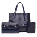 Dark blue woven tote bag 3-piece set featuring glossy finish and elegant golden hardware - Blue