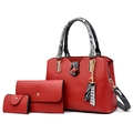 Three-piece red PU leather tote bag set with snake pattern handles and heart pendant - Red