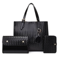 Three-piece set of black woven texture tote bag, clutch and coin purse for women - Black
