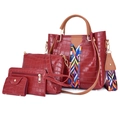 Dark red crocodile texture handbag set with tote, pouch, and woven side strap details - Red