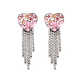 Sparkling heart tassel earrings featuring pink crystal inlays and long rhinestone drops - Pink