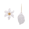 Asymmetric floral earrings with white petals and golden leaves on a clean white backdrop - White