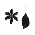 Detailed view of asymmetric black enamel flower stud and long leaf drop earring - Black