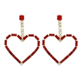 Sparkling red heart shaped drop earrings with rainbow rhinestones on gold base - Red