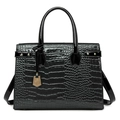 Elegante schwarze Handtasche mit Krokodilmuster und goldenen Beschlägen - Schwarz