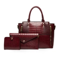 Three-piece burgundy faux crocodile leather tote bag set with gold hardware and wallet - Burgundy
