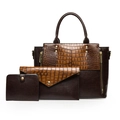 Dark brown 3-piece bag set with crocodile texture, tote, clutch and small wallet - Khaki