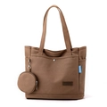 Brown canvas tote bag with multi-pocket design and matching small round coin purse - Coffee