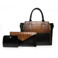 3-piece crocodile pattern tote bag set in black and brown with golden hardware - Black