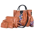 Brown crocodile embossed tote bag set with colorful woven straps and 4-piece accessories - Brown