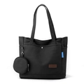 Borsa tote in tela nera con portamonete rimovibile e toppa in pelle minimalista - Nero