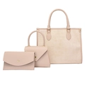 Elegant 3-piece faux crocodile tote bag set in nude pink with matching clutch and handbag - 3-in-1 Set (Tote+Handbag+Wallet) / Khaki