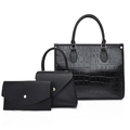 Black crocodile embossed 3-piece bag set with tote, handbag, and clutch with gold hardware - 3-in-1 Set (Tote+Handbag+Wallet) / Black