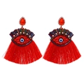 Bohemian rode kwastjes oorbellen met evil eye kralenwerk en druppelvormige steen - Rood