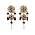 Elegant gold earrings with colorful gemstones and white pearl drops on white background - Colorful