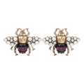 Retro bee stud earrings with white pearls and pink rhinestones on a gold base - Antique Gold