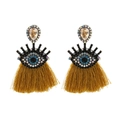 Vintage evil eye tassel earrings with blue rhinestones and mustard yellow fringes - Camel