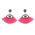 Bohemian evil eye earrings with pink silk tassels and crystal accents on white background - Rose Pink