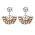 Baroque style gold fan-shaped drop earrings with clear rhinestones and floral stud detail - Clear White