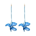 Long blue lace flower drop earrings with sheer fabric petals and gold hooks on white background - Blue