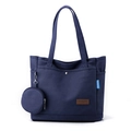 Borsa tote in tela blu scuro con tasche laterali e piccolo astuccio rotondo abbinato - Blu scuro