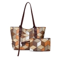 Zweiteiliges Set aus Flügel-Einkaufstasche mit 3D-Leder-Patchwork in Braun und Orange - Braun Patchwork