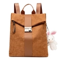 Sac à dos en velours côtelé marron avec bandes en cuir et porte-clé lapin en peluche blanc - Marron