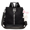 Black corduroy multi-purpose backpack with silver zipper and white plush rabbit charm - Black