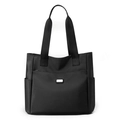 Minimalist black nylon tote bag with durable handles and front zipper pocket - Black